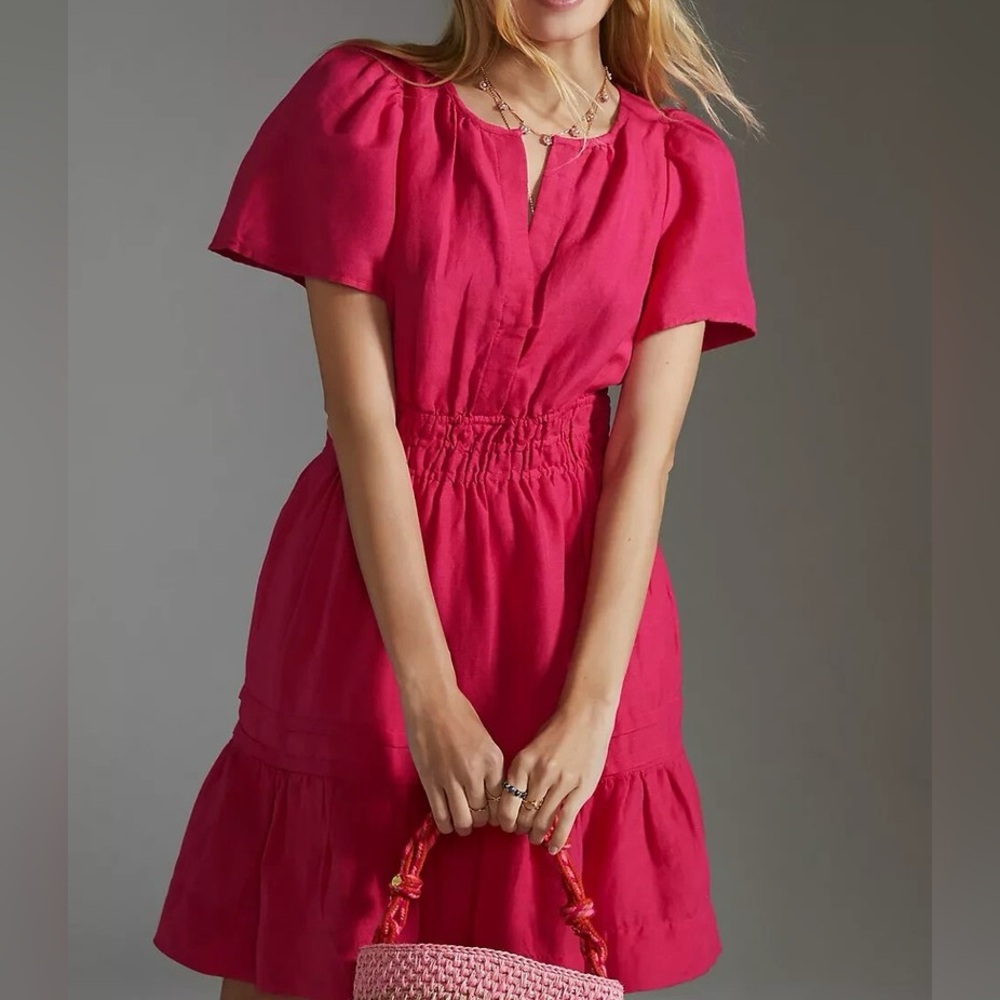 NWOT Anthropologie The Somerset Mini Dress Linen Edition Tiered Pink XS